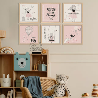 Kids Wall Art Set of 6 | HD Canvas Print | Ready to Hang | Natural Wood Panels for Nursery & Kids Room Decor | Each Frame Size: 10X10 INCH (KIDSET05)