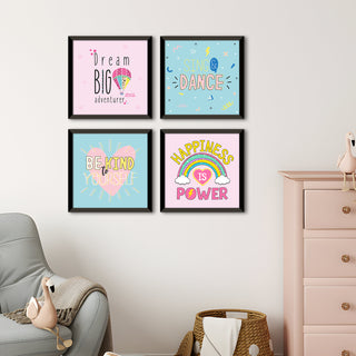 Kids Wall Art Set of 4 | HD Canvas Print | Ready to Hang | Black Framed Kids Room & Nursery Room Decor | Each Frame Size: 10X10 INCH (KIDSET04)
