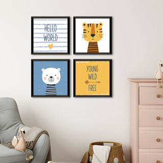 Kids Wall Art Set of 4 | HD Canvas Print | Ready to Hang | Black Framed Kids Room & Nursery Room Decor | Each Frame Size: 10X10 INCH (KIDSET03)