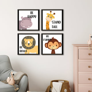 Kids Wall Art Set of 4 | HD Canvas Print | Ready to Hang | Black Framed Kids Room & Nursery Room Decor | Each Frame Size: 10X10 INCH (KIDSET02)