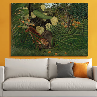 Fight Between a Tiger and a Buffalo – Henri Rousseau Painting | HD Canvas Print | Ready to Hang | Wall Art for Bedroom, living room, Hallway (HRWA15)