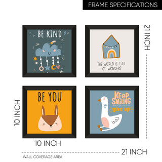 Kids Wall Art Set of 4 | HD Canvas Print | Ready to Hang | Black Framed Kids Room & Nursery Room Decor | Each Frame Size: 10X10 INCH (KIDSET06)