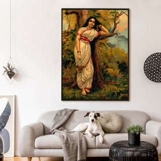 Lady in White Saree with Flower Basket – Raja Ravi Varma Painting | HD Canvas Print | Ready to Hang | Wall Art for Bedroom, living room, Hallway (RRVWA09)