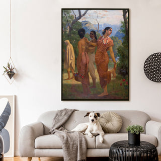 Women Gathering Flowers in the Forest – Raja Ravi Varma Masterpiece | HD Canvas Print | Ready to Hang | Wall Art for Bedroom, living room, Hallway (RRVWA07)