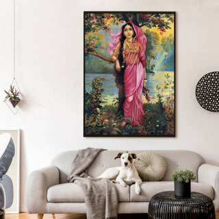 Lady in Pink Saree by the Riverside – Raja Ravi Varma Classic | HD Canvas Print | Ready to Hang | Wall Art for Bedroom, living room, Hallway (RRVWA02)
