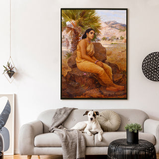 Lady in Yellow Saree Resting under a Palm – Raja Ravi Varma Painting | HD Canvas Print | Ready to Hang | Wall Art for Bedroom, living room, Hallway (RRVWA05)