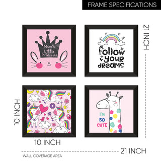 Kids Wall Art Set of 4 | HD Canvas Print | Ready to Hang | Black Framed Kids Room & Nursery Room Decor | Each Frame Size: 10X10 INCH (KIDSET09)