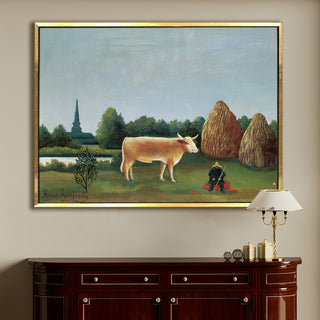 Landscape with Cow and Haystacks – Henri Rousseau Painting | HD Canvas Print | Ready to Hang | Wall Art for Bedroom, living room, Hallway (HRWA09)