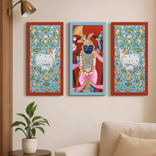 Traditional Pichwai Shreenath Ji Wall Art Set of 3 | HD Print Wrapped Canvas | Perfect for Pooja Room & Office Decor Panels |12×24 Inch (PWA34)