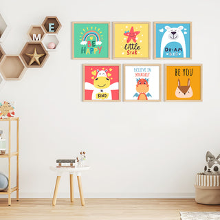 Kids Wall Art Set of 6 | HD Canvas Print | Ready to Hang | Natural Wood Panels for Nursery & Kids Room Decor | Each Frame Size: 10X10 INCH (KIDSET02)