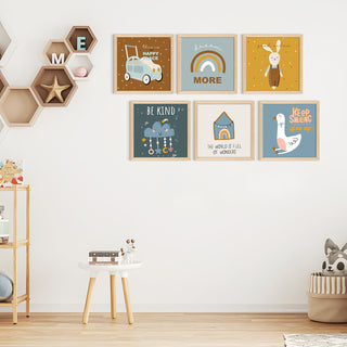 Kids Wall Art Set of 6 | HD Canvas Print | Ready to Hang | Natural Wood Panels for Nursery & Kids Room Decor | Each Frame Size: 10X10 INCH (KIDSET04)