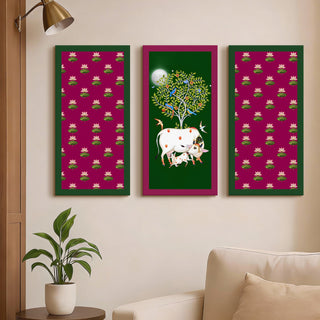 Traditional Pichwai Shreenath Ji Wall Art Set of 3 | HD Print Wrapped Canvas | Perfect for Pooja Room & Office Decor Panels |12×24 Inch (PWA31)