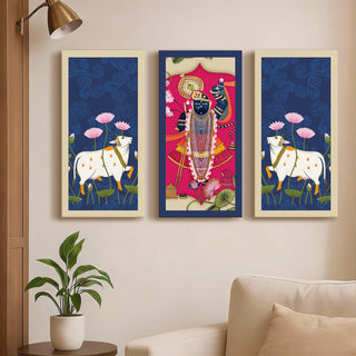 Traditional Pichwai Shreenath Ji Wall Art Set of 3 | HD Print Wrapped Canvas | Perfect for Pooja Room & Office Decor Panels |12×24 Inch  (PWA29)