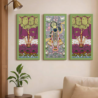 Traditional Pichwai Shreenath Ji Wall Art Set of 3 | HD Print Wrapped Canvas | Perfect for Pooja Room & Office Decor Panels |12×24 Inch (PWA33)