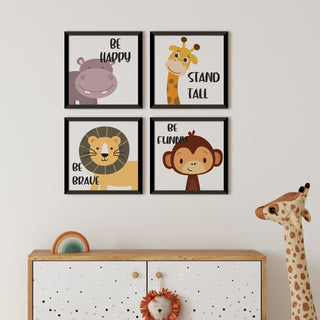 Kids Wall Art Set of 4 | HD Canvas Print | Ready to Hang | Black Framed Kids Room & Nursery Room Decor | Each Frame Size: 10X10 INCH (KIDSET02)