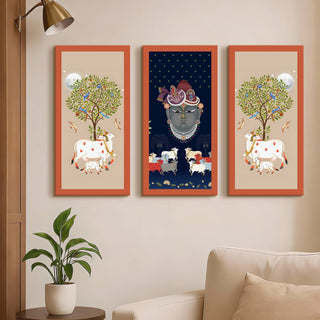 Traditional Pichwai Shreenath Ji Wall Art Set of 3 | HD Print Wrapped Canvas | Perfect for Pooja Room & Office Decor Panels |12×24 Inch  (PWA30)