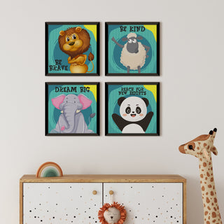 Kids Wall Art Set of 4 | HD Canvas Print | Ready to Hang | Black Framed Kids Room & Nursery Room Decor | Each Frame Size: 10X10 INCH (KIDSET01)