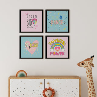 Kids Wall Art Set of 4 | HD Canvas Print | Ready to Hang | Black Framed Kids Room & Nursery Room Decor | Each Frame Size: 10X10 INCH (KIDSET04)