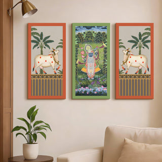 Traditional Pichwai Shreenath Ji Wall Art Set of 3 | HD Print Wrapped Canvas | Perfect for Pooja Room & Office Decor Panels |12×24 Inch (PWA32)