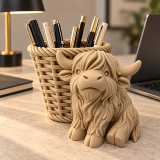 Highland Cow pen holder, 3D printed basket-style desk organiser, front view