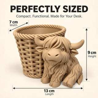 Highland Cow pen holder showing shaggy sculpted fur detail