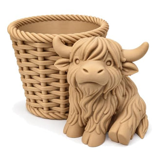 Highland Cow pencil holder on an office desk holding stationery