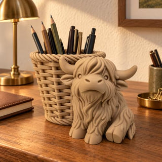 Highland Cow desk organiser shown from an angled view