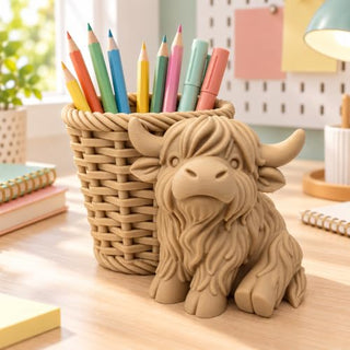 Highland Cow pen holder size guide, approximately 13 cm long, 9 cm tall and 7 cm deep