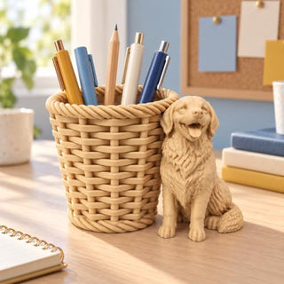 Dog pen holder, 3D printed basket-style desk organiser, front view