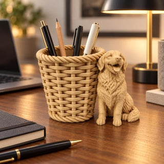 Dog pencil holder on a study table holding pens and pencils