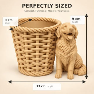 Dog pen holder size guide, approximately 13 cm long, 9 cm tall and 7 cm deep
