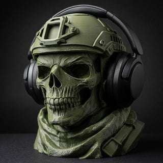 Close-up of the sculpted skull face, helmet rail and shemagh texture