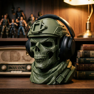 Tactical skull headphone stand displayed on a shelf with books and figures
