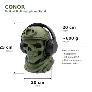 Headphone stand size guide, 25 cm tall, 20 cm wide, 20 cm deep, approx 600 g