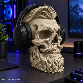 Sandstorm warrior skull headphone stand on a gaming desk with black headphones