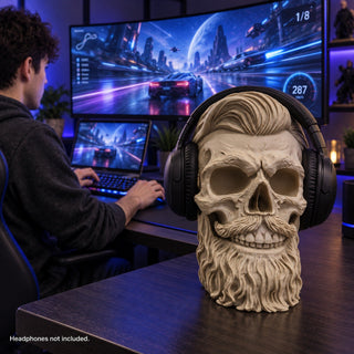 Bearded skull headphone holder on a gaming setup beside an ultrawide monitor and laptop