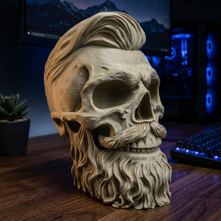 Close-up of the sculpted beard, moustache and swept crown detail