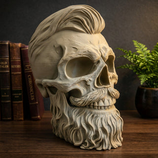 Sandstorm warrior skull headphone stand displayed on a shelf with books and a plant