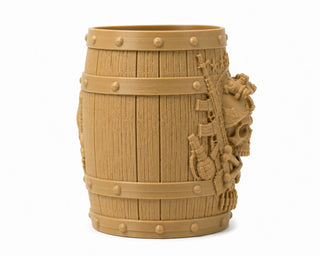 Side profile of barrel pen stand showing riveted bands and texture