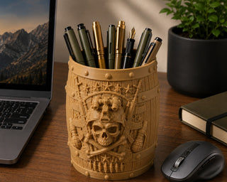 Night ops skull pen stand styled on a home office desk