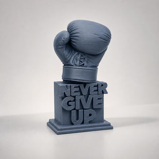 Never Give Up boxing glove miniature trophy in slate grey 3D-printed finish
