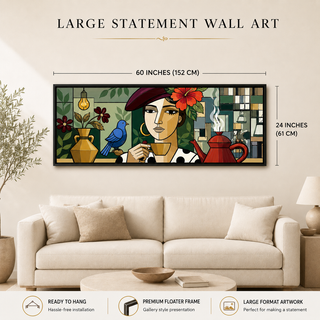 Modern Café Muse Wall Art, HD Canvas Print, 2x5 Ft Black Floater Frame, Ready to Hang. (MOWA71)