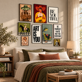 The nine-piece gallery wall above a cream headboard with olive and rust bedding and a woven bench in a sunlit bedroom