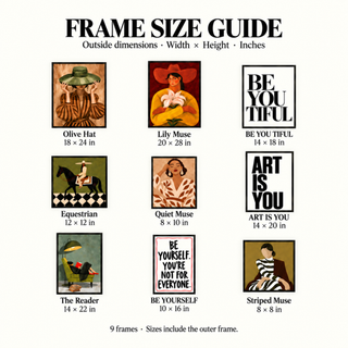 Frame size guide showing all nine artworks in their black frames with each frame's dimensions in inches
