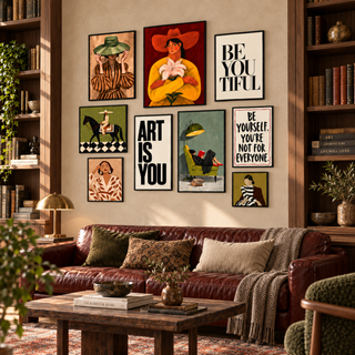 Nine black framed folk-style prints above an oxblood leather sofa between walnut bookshelves in a warmly lit library