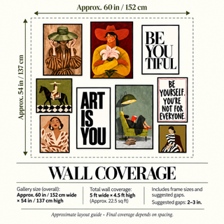 Wall coverage guide showing the overall footprint of the nine-frame arrangement with suggested gaps between frames