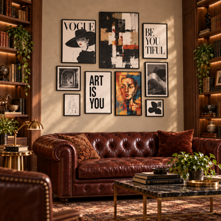 Nine black framed artworks above an oxblood Chesterfield sofa between lit walnut bookshelves in a private library