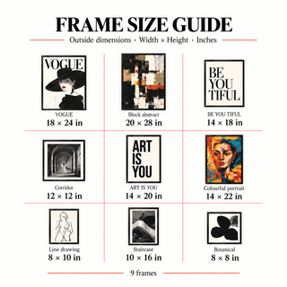 Frame size guide showing all nine artworks in their black frames with each frame's dimensions in inches