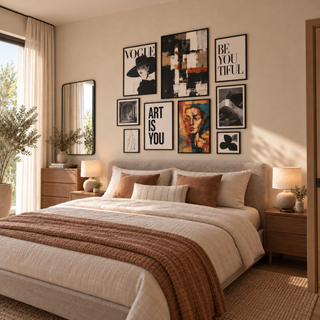 Angled view of the nine-piece gallery wall above a bed with a rust knit throw, beside a tall black mirror in a sunlit beige bedroom