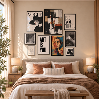 Front view of the nine black framed prints centred above a textured headboard, with ceramic lamps and a wooden bench in a warm beige bedroom